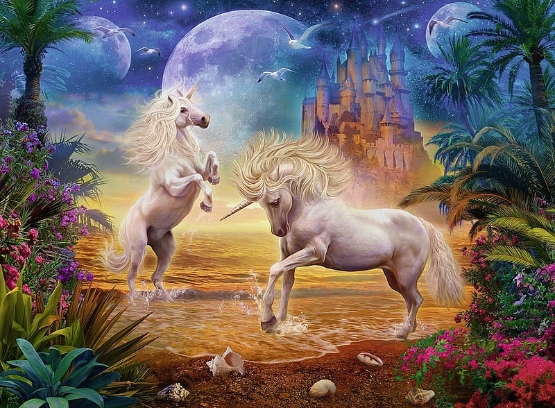 Unicorns, fantasy, moon, planet, luminos, orange, unicorn, white, blue, HD wallpaper