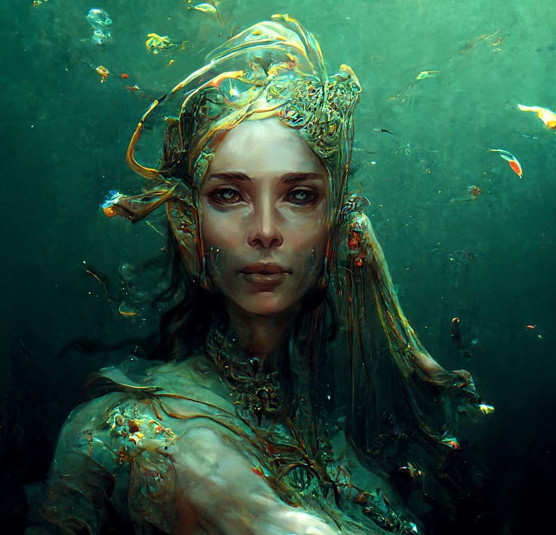 Mermaid, fantasy, art, green, face, alexander tsaruk, water, siren, underwater, HD wallpaper