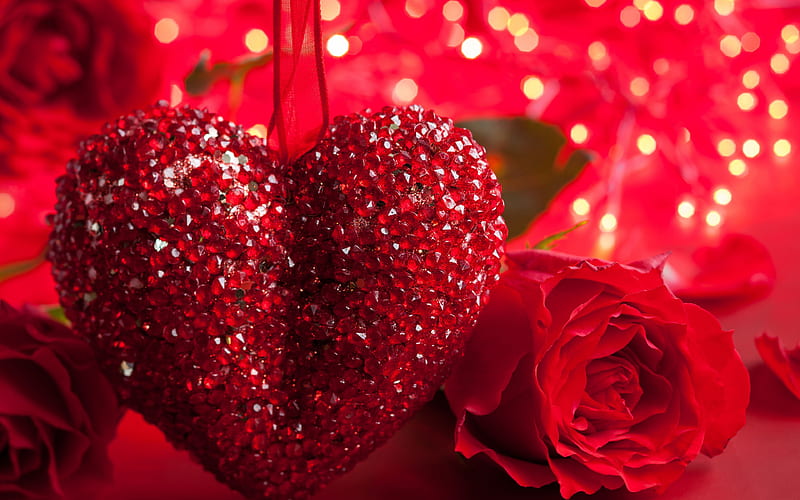 red heart, red gems, Happy Valentines Day, love concepts, HD wallpaper