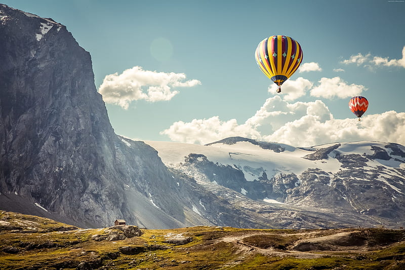 hot air balloons, mountain, field, scenic, clouds, cliff, Landscape, HD wallpaper