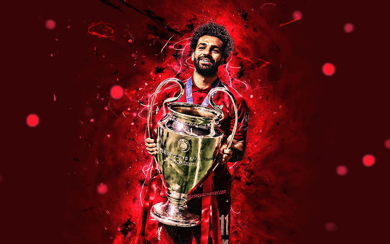 Mohamed Salah with cup UEFA Champions League, 2019, Liverpool FC, egyptian footballers, close-up, LFC, fan art, Salah, Premier League, Mohamed Salah art, Salah Liverpool, Mohamed Salah, Mo Salah, soccer, neon lights, Mohamed Salah, HD wallpaper