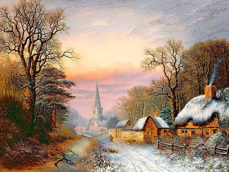 Winter landscape, art, cottages, bonito, church, sky, winter, serenity, snow, painting, path, peaceful, village, landscape, HD wallpaper