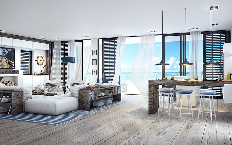 stylish living room interior, marine interior design, house by the sea, interior design, HD wallpaper