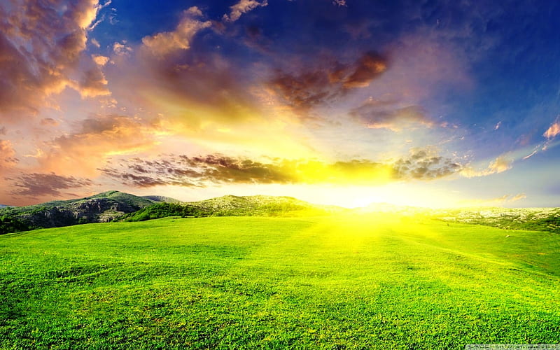 Good Morning Sunshine, sun, green, fields, bonito, sunrise, clouds, landscape, HD wallpaper