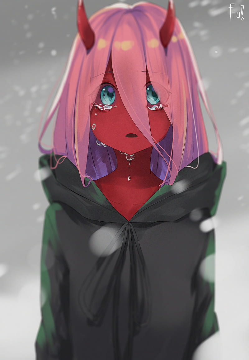 Darling in the FranXX, anime girls, Zero Two (Darling in the FranXX), demon girls, monster girl, 2D, long hair, pink hair, anime, loli, black coat, hair in face, aqua eyes, open mouth, crying, red skin, fan art, demon horns, looking at viewer, winter, snowing, vertical, HD phone wallpaper