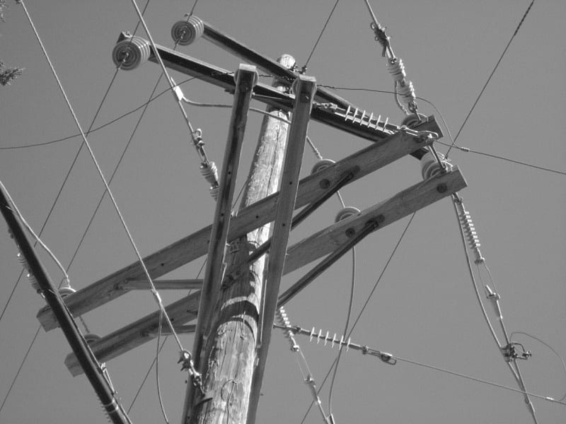 powerlines, black and white, grayscale, perspective, HD wallpaper