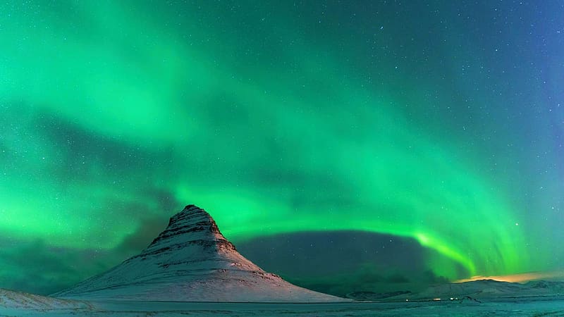 Northern Lights over Kirkjufell - Iceland, landscape, night, colors, mountain, rocks, HD wallpaper