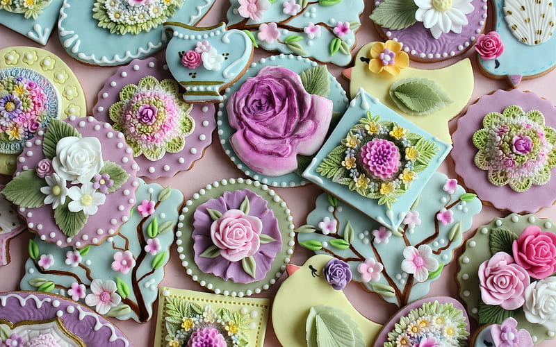 Purple Flower Cookies, Purple, Cookies, Green, Colorful, HD wallpaper
