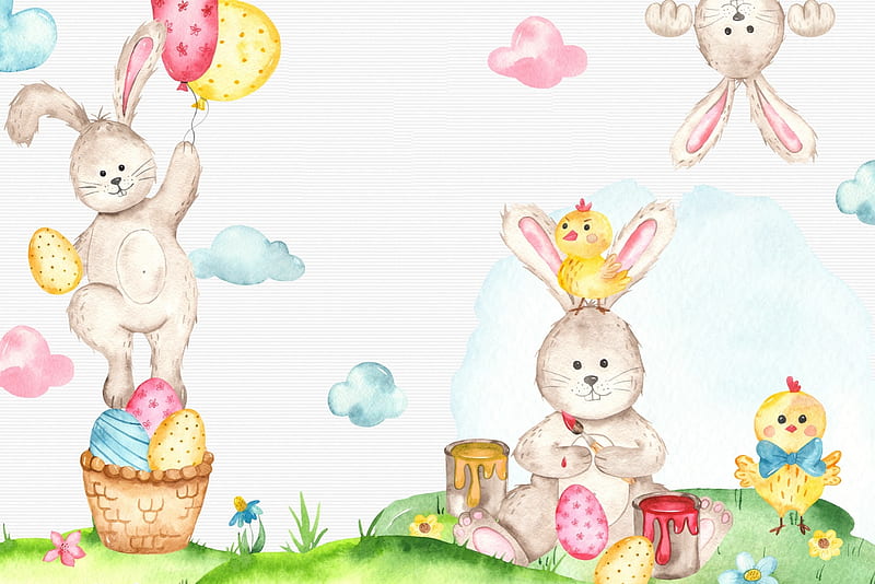 Happy Easter!, egg, draw, balloon, rabbit, easter, bunny, watercolor, card, HD wallpaper