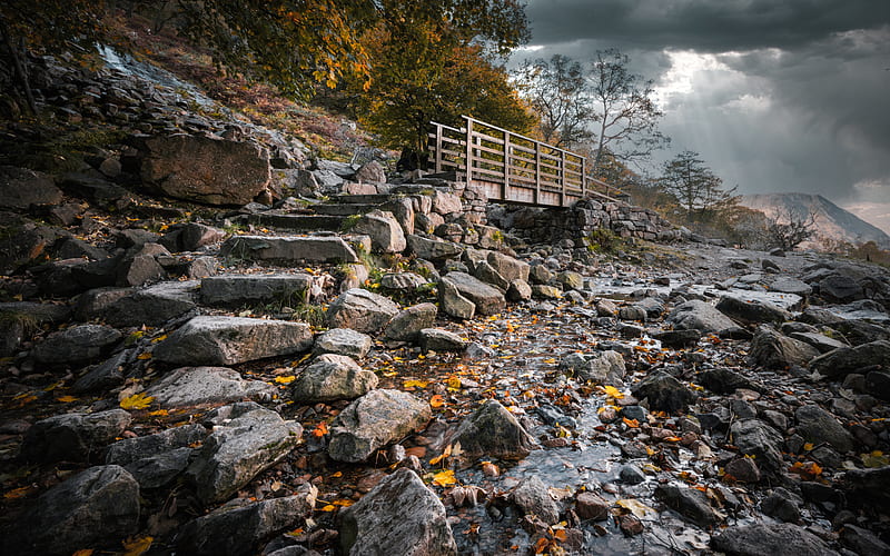 mountain stream, wooden bridge, stones, waterfall, evening, sunset, autumn, mountain landscape, Cumbria, England, North West England, HD wallpaper