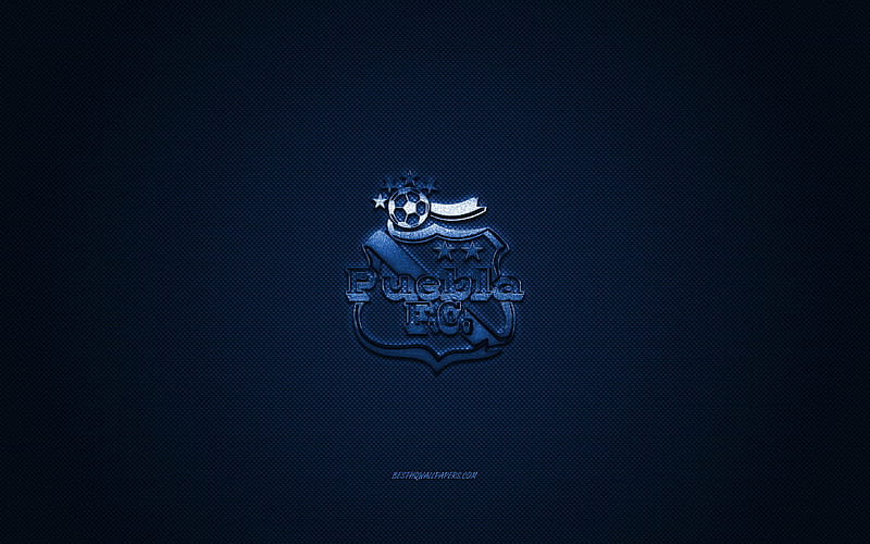 Puebla FC, Mexican football club, Liga MX, blue logo, blue carbon fiber background, football, Puebla, Mexico, Puebla FC logo, HD wallpaper