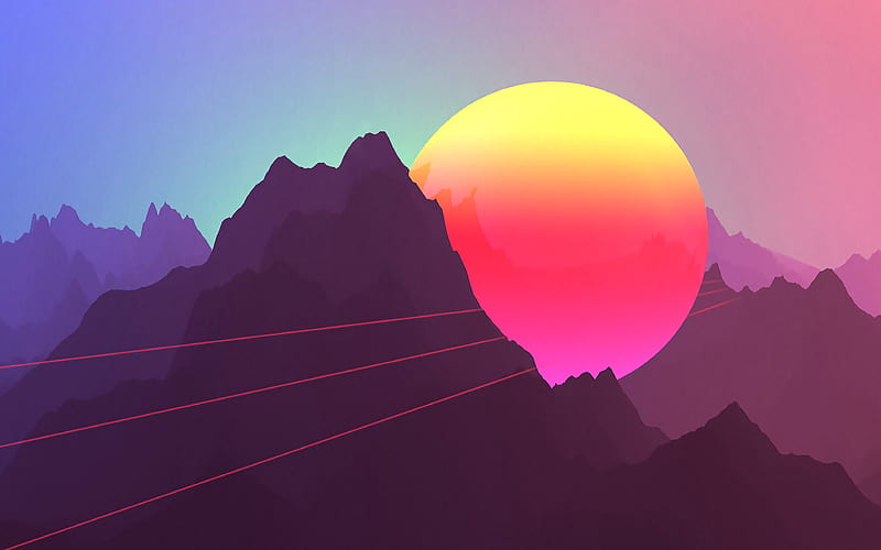 bright sun, mountains, sunset, minimal, creative, HD wallpaper