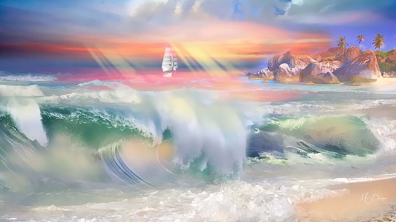 SEA, ocean, soft, waves, trees, sailing ship, ghost ship, pastel, island, watercolor, HD wallpaper