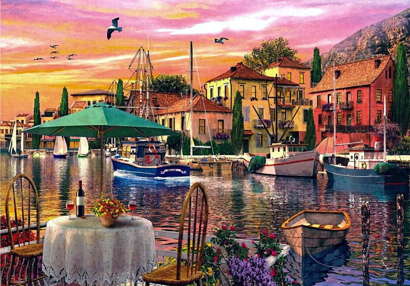 Cozy Place for Two, table, houses, wine, birds, sunset, clouds, boats, chairs, harbor, HD wallpaper