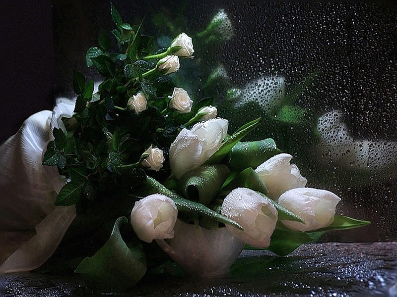 In The Rain, pretty, wet, rose, bonito, stems, vase, bonito, drops, purity, still life, graphy, green, flowers, beauty, tulips, reflection, tulip, lovely, white roses, pure, dew, roses, bouquet, droplets, water drops, nature, virtue, rain, white tulips, lovely bouquet, white, HD wallpaper