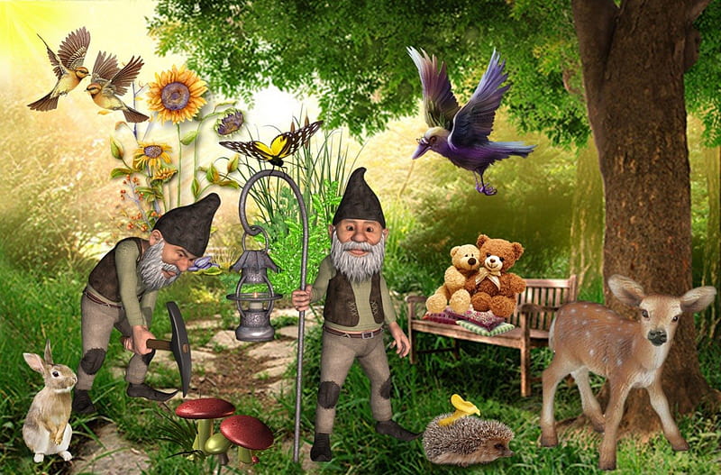 In the Forest, forest, elve, flower, gnome, bears, deer, HD wallpaper