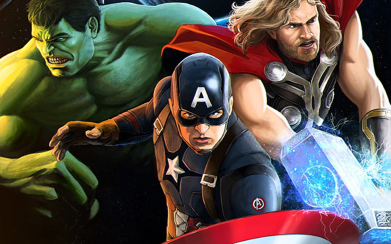 Hulk, Captain America, Thor, superheroes, art, HD wallpaper