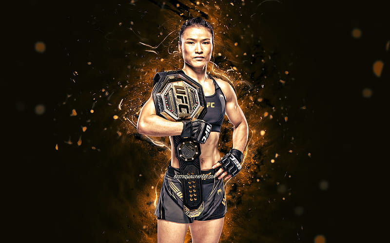 Zhang Weili, brown neon lights, chinese fighters, MMA, UFC, Mixed martial arts, Zhang Weili , UFC fighters, MMA fighters, Zhang Weili with belt, HD wallpaper