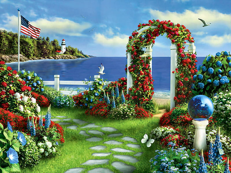 Silent Wings of dom FC, art, bonito, roses, arbor, illustration, artwork, lighthouse, painting, wide screen, flowers, garden, nature, landscape, HD wallpaper