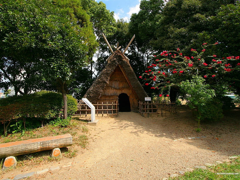 Park features thatched houses- Japanese garden art landscape, HD wallpaper