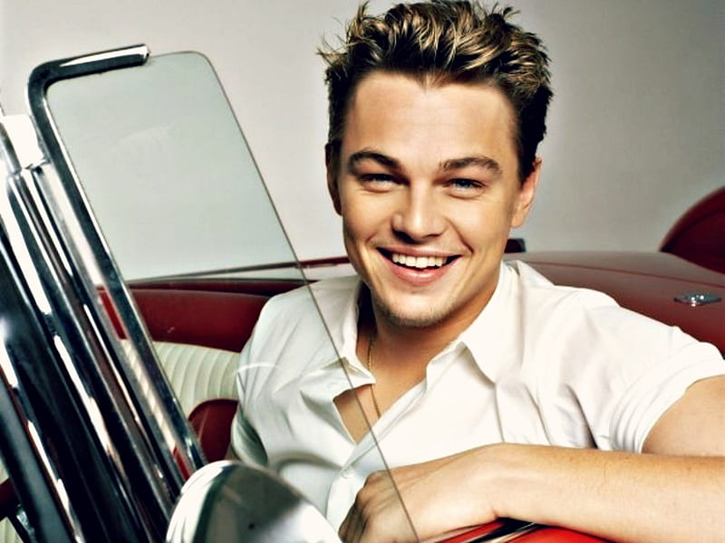Leonardo DiCaprio, red, young, car, smile, man, white, actor, HD wallpaper