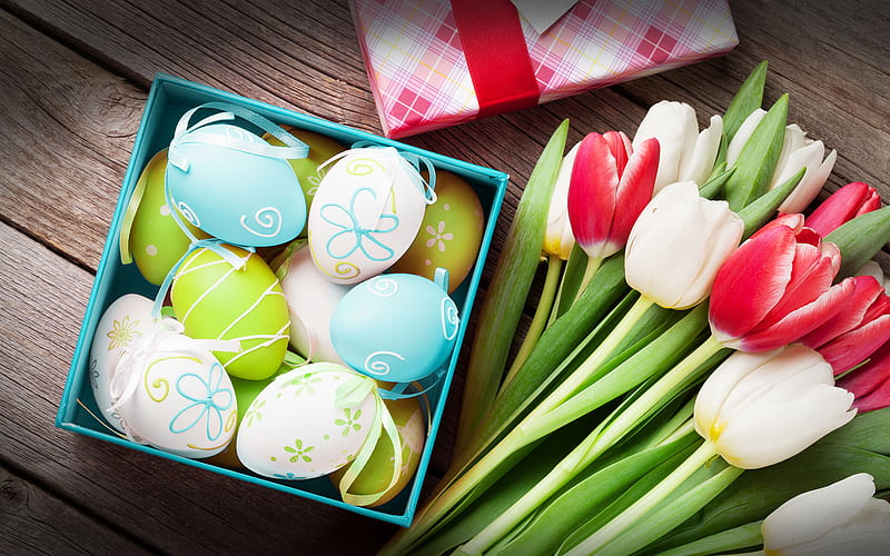 Easter eggs, bouquet of tulips, spring flowers, Easter background, spring, Easter, wooden background, HD wallpaper