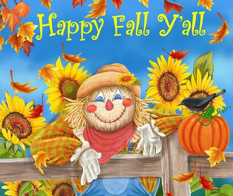 HAPPY FALL Y ALL, fence, colorful, fall, sunflowers, scarecrow, happy, HD wallpaper