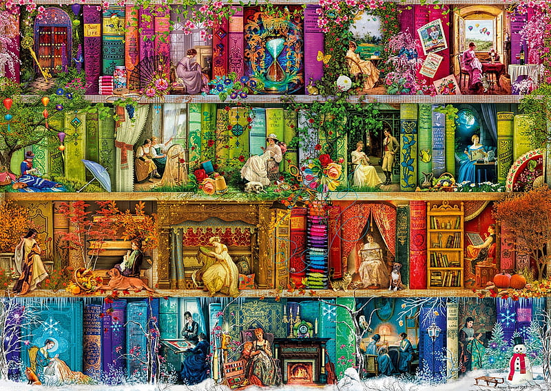 A stitch in time, time, stitch, girl, shelf, shelves, aimee stewart, colorful, red, yellow, fantasy, blue, HD wallpaper