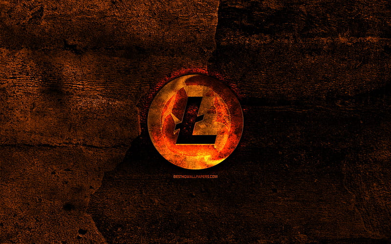 Litecoin fiery logo, orange stone background, creative, Litecoin logo, cryptocurrency, Litecoin, HD wallpaper