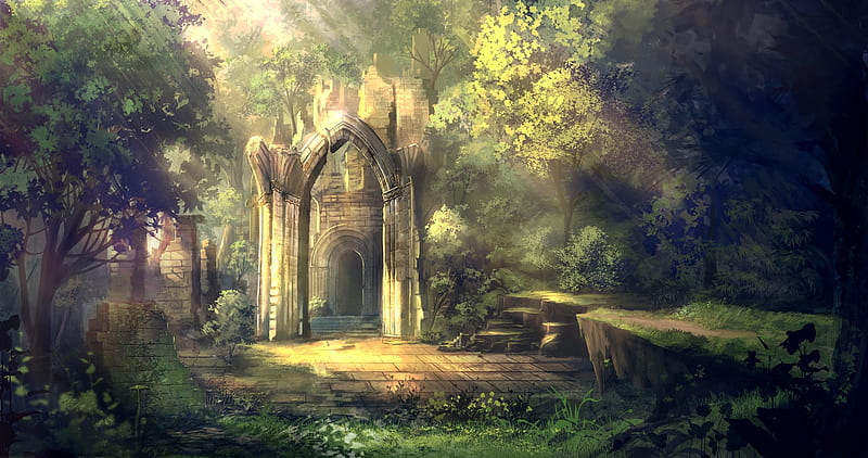 ruinas, puerta, bosque, luz del sol, fantasía, Fondo de pantalla HD