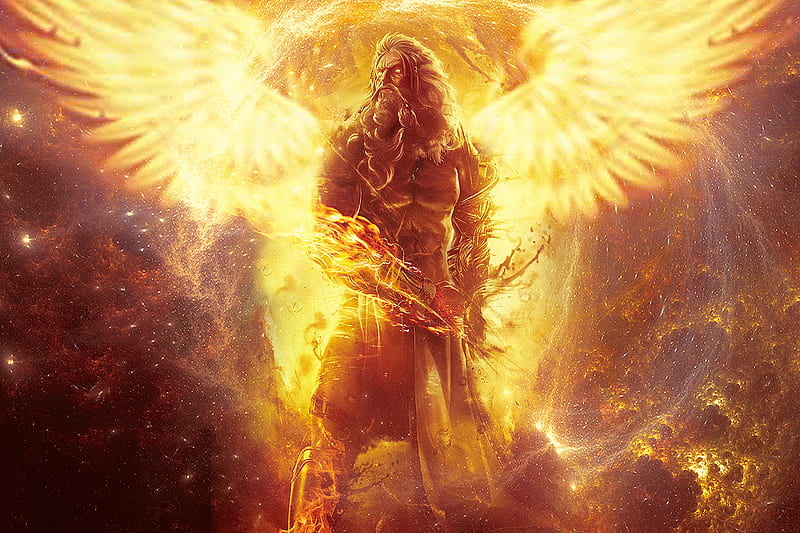 God Ifrit, angel, burst, fire, inferno, phoenix, warrior, wings, HD wallpaper