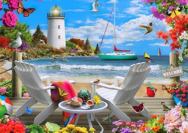 Seaside Escape, colors, love four seasons, birds, butterflies, attractions in dreams, sea, boats, paradise, beaches, lighthouses, summer, chairs, flowers, seaside, nature, butterfly designs, HD wallpaper