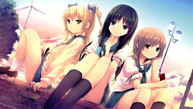 Sweet Girls, three, girls, bonito, anime, HD wallpaper