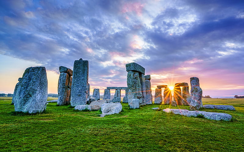 Stonehenge sunset, R, bright sun, Stan Hengues, Wiltshire, prehistoric monuments, England, Great Britain, english landmarks, HD wallpaper