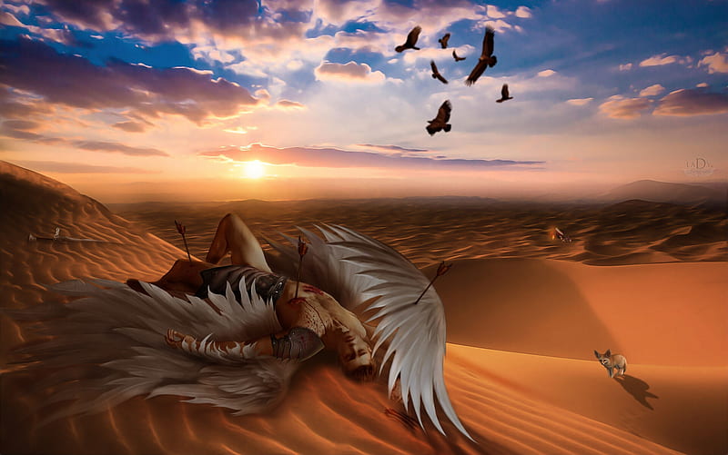 Fallen, fantasy, lady 7 archangel, desert, wings, angel, lady7archangel, man, falken, HD wallpaper