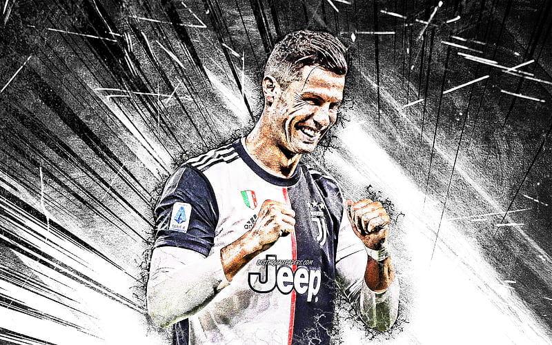 Cristiano Ronaldo, grunge art, 2019, Juventus FC, white abstract rays, CR7, portuguese footballers, Italy, CR7 Juve, Bianconeri, Serie A, soccer, football stars, HD wallpaper