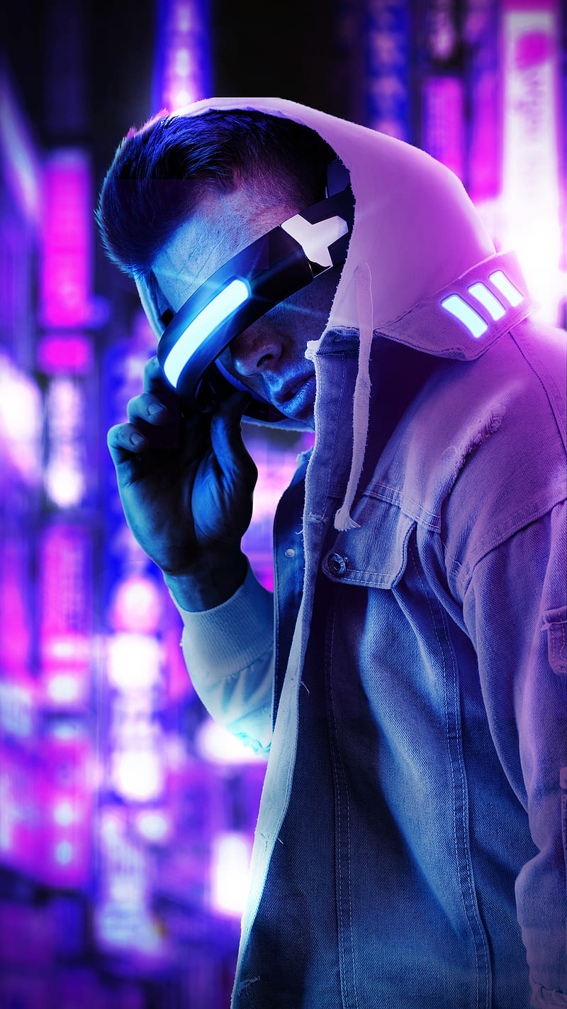 Cyberman, cyberpunk, cyclop, futuristic, laser, neon city, neon light, purple neon, technology, vr headset, HD phone wallpaper