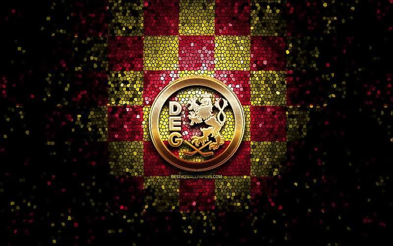 Dusseldorfer EG, glitter logo, DEL, red yellow checkered background, hockey, german hockey team, Dusseldorfer EG logo, mosaic art, Deutsche Eishockey Liga, german hockey league, HD wallpaper