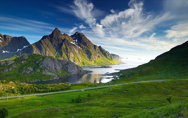 mountains, road, rocks, sea, green fields, bay, green field, HD wallpaper