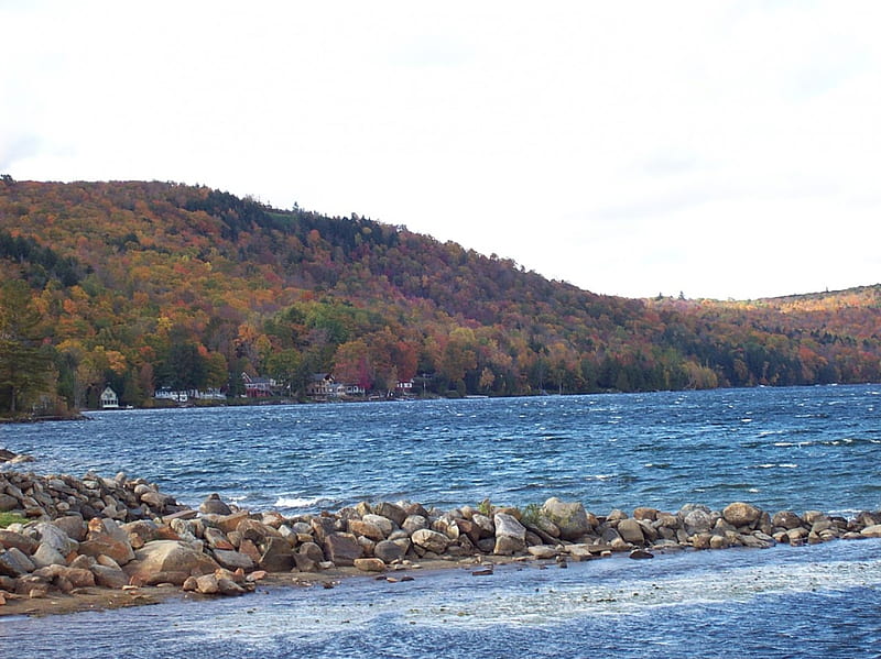 Autumn #3, rocks, fall, autumn, trees, sky, lake, leaves, maine ...