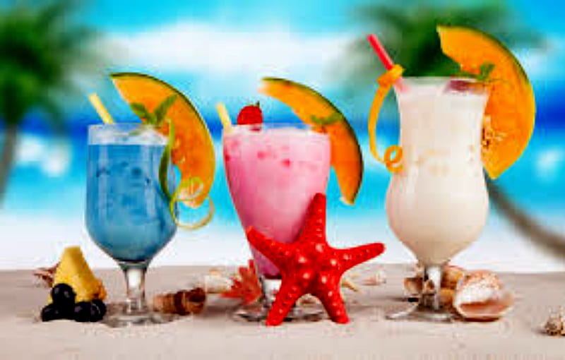 Cocktail Summer Fruit Beach, Drinks, Fruit, Summer, beach, Star Fish, Shells, Cocktails, HD wallpaper
