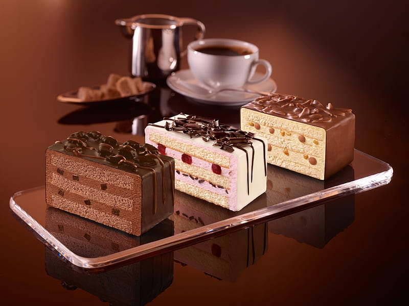 Cakes, cake, coffee, food, chocolate, slice, cup, dessert, sweet, HD wallpaper