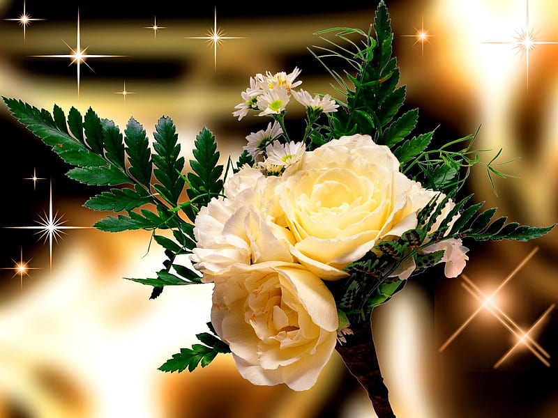 Bouquet of yellow roses, stars, pretty, lovely, fragrant, yellow, scent, bonito, roses, gift, leaves, nice, flowers, HD wallpaper
