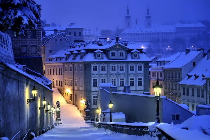 Prague - winter, wonderful, sun, bonito, cold, graphy, splendor, lovely, sky, trees, winter, tree, snowflake, snow, snowflakes, ice, nature, HD wallpaper