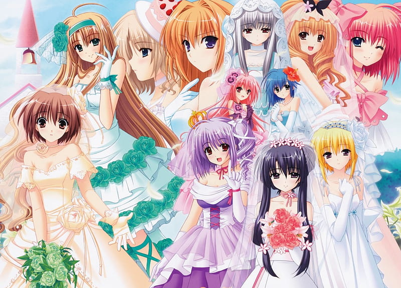 ♡ Bride ♡, veil, adorable, sweet, floral, group, anime, beauty, anime girl, long hair, team, lovely, gown, sexy, cute, wedding veil, maiden, dress, rose, bride, bonito, elegant, blossom, hot, wed, gorgeous, female, wedding, roses, kawaii, girl, bouquet, flower, lady, m, HD wallpaper