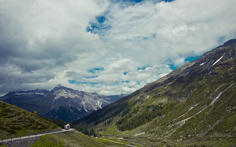 Splugen / Spluga, panoramic, sky, clouds, pass, mountain, beautififul, nature, road, spectacular, blue, HD wallpaper