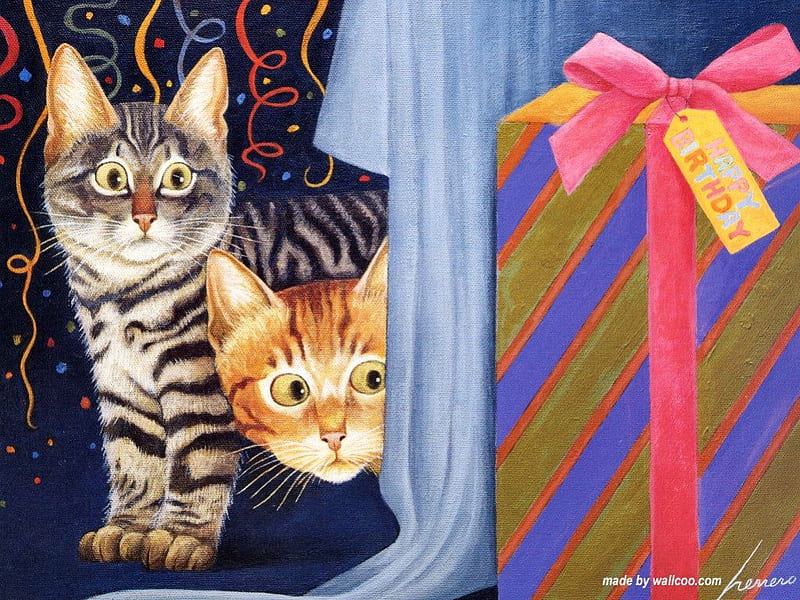 CURIOUS CATS WITH GIFTBOX, artistic, pretty, colorful, paintings animals, wonder, bonito, adorable, ribbons, digital art, bows, birtay, sweet, paintings, stripe, love, animals, lovely, curious, colors, kittens, suspect, happy, cute, cool, whiskers, naughty, giftbox, funny, nature, cats, gifts, HD wallpaper