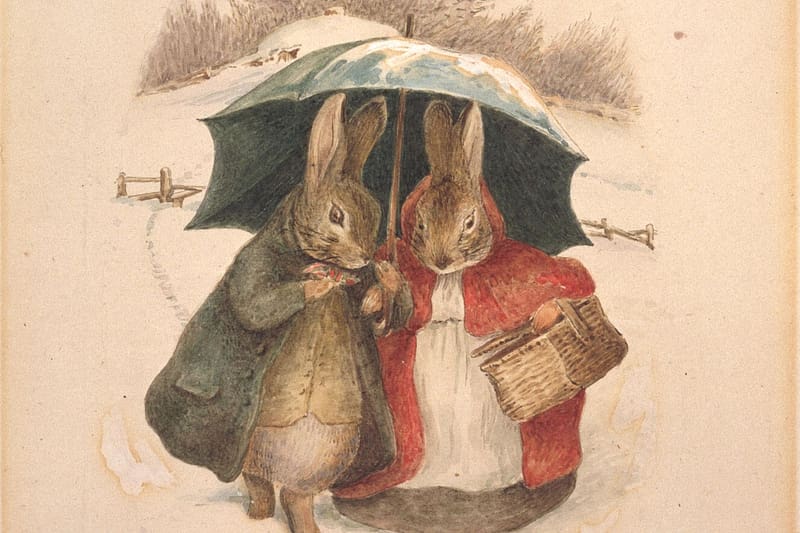 :), umbrella, beatrix potter, winter, children, childhood, illustration, bunny, fantasy, green, red, snow, iarna, couple, rabbit, HD wallpaper