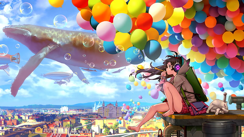 Colorful City Anime Girl Blowing Bubbles, anime-girl, anime, artist, artwork, digital-art, colorful, HD wallpaper