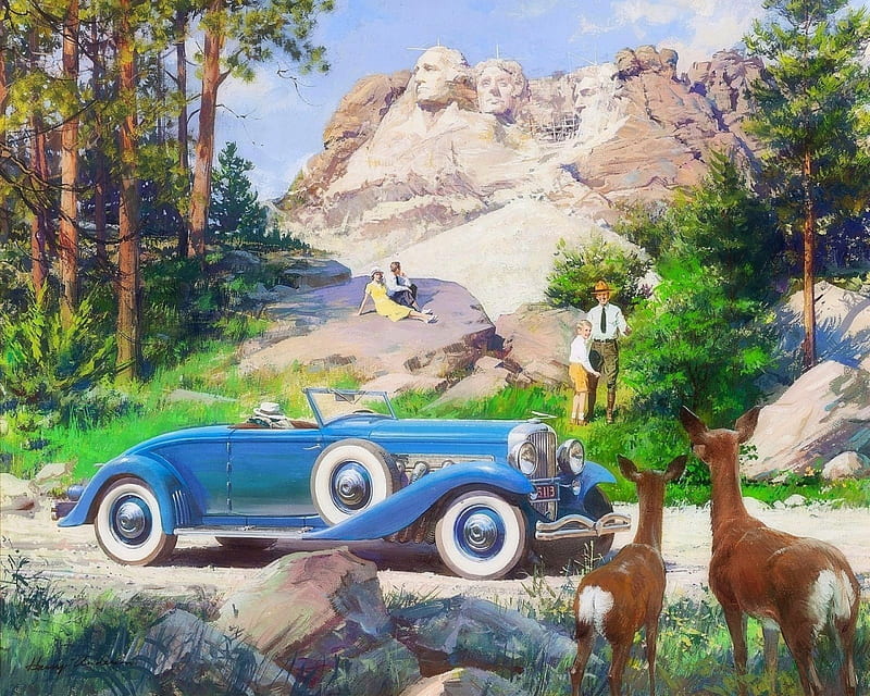 Duesenberg Car - 1936, draw and paint, 1936, love four seasons, South Dakota, attractions in dreams, Mount Rushmore, carros, retro, old car, mountains, people, summer, HD wallpaper